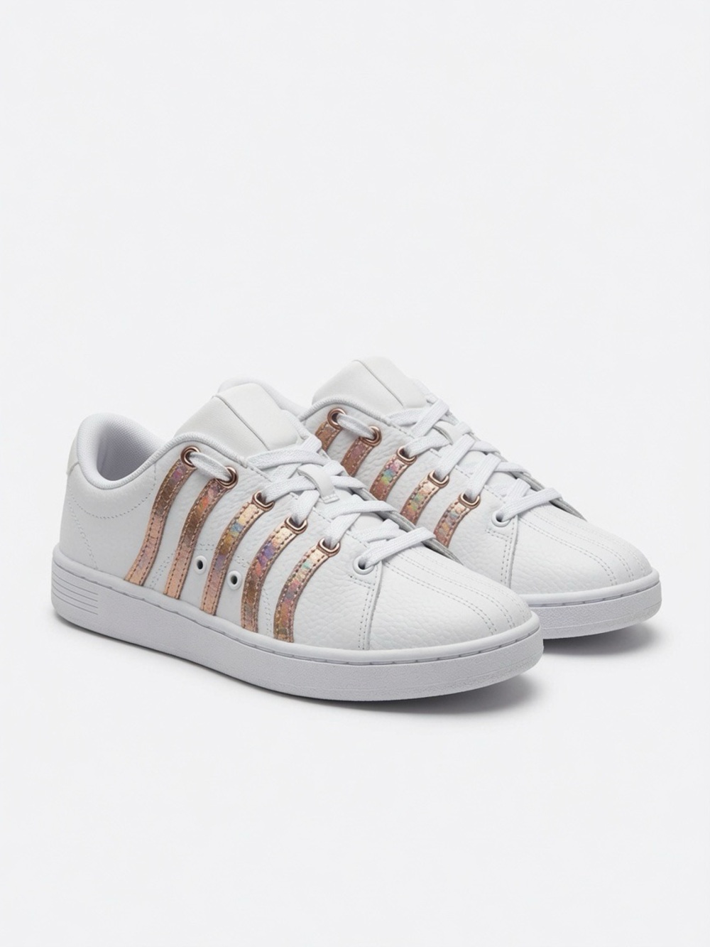 ✨🪩K-Swiss White Leather Sneakers Rose Gold Holographic Stripes